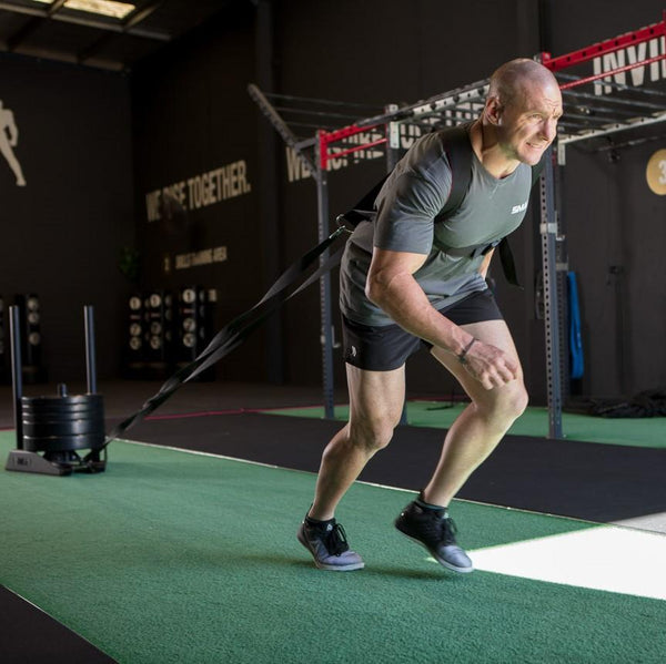 Bobby Dee Pulling weights with a sled harness