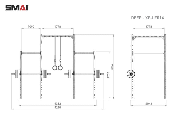 This technical drawing showcases the Rig - 4 Squat Cells with Utility Bridge - X-Frame, specifically designed for commercial fitness equipment. The rig features a modular design complete with gymnastic rings, horizontal bars, and weight storage options. The side and front views are detailed with precise measurements clearly labeled. Displaying prominence in the top left corner is the "SMAI" brand logo.