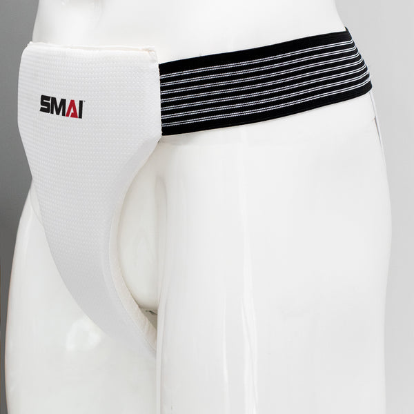 WKF Approved Female Groin Guard - Elastic on mannequin