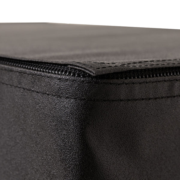 Close-up of the corner of a black rectangular SMAI Plyometric Box - Foam Covered - Black Series, highlighting the textured material and edge zipper—features commonly seen in high-quality plyo boxes used for box jumps in fitness routines.
