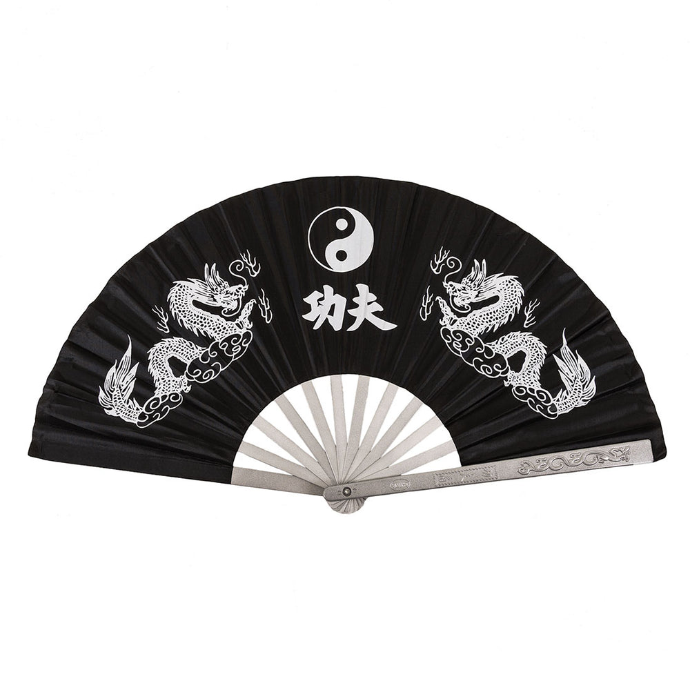 The SMAI Tai Chi Fan - Matte Aluminium features a black design with white dragon and yin-yang illustrations, Chinese characters at the center, and a grey engraved aluminium handle—ideal for training.