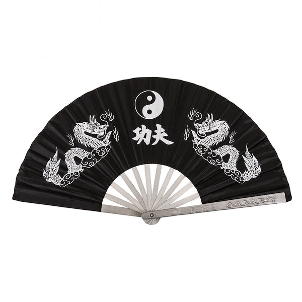 The SMAI Tai Chi Fan - Matte Aluminium features a black design with white dragon and yin-yang illustrations, Chinese characters at the center, and a grey engraved aluminium handle—ideal for training.