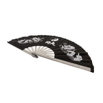 The SMAI Tai Chi Fan - Matte Aluminium is black with white dragon, yin-yang, and Chinese character designs. It features light-colored ribs and is partially open on a white background—ideal for training or display.