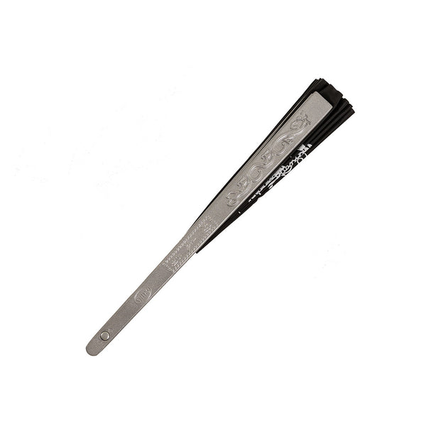 A closed SMAI Tai Chi Fan - Matte Aluminium with a metallic, engraved handle in black and silver rests on a white background.