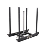 The SMAI Tower Gym Sled - Hybrid Series is a black metal sled featuring four upright handles and a central vertical pole for Olympic bumper plates, with “SMAI” displayed on the front. This hybrid training sled is ideal for pushing or pulling exercises.