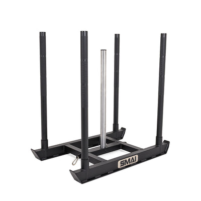The SMAI Tower Gym Sled - Hybrid Series is a black metal sled featuring four upright handles and a central vertical pole for Olympic bumper plates, with “SMAI” displayed on the front. This hybrid training sled is ideal for pushing or pulling exercises.