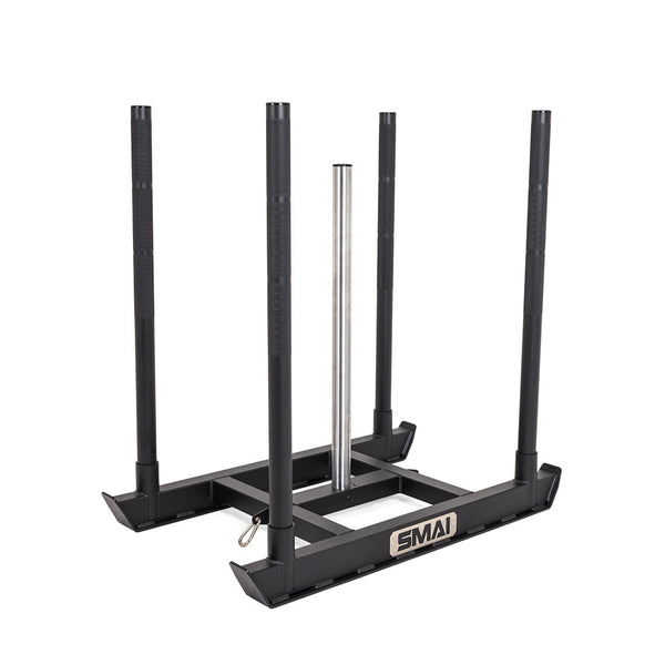 The SMAI Tower Gym Sled - Hybrid Series is a black metal sled featuring four upright handles and a central vertical pole for Olympic bumper plates, with “SMAI” displayed on the front. This hybrid training sled is ideal for pushing or pulling exercises.