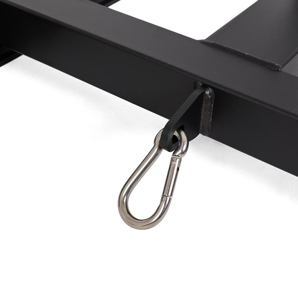 A silver metal carabiner clip attached to a black rectangular metal bar with a small loop, set against a white background—perfect for securely attaching the SMAI Tower Gym Sled - Hybrid Series during intense workouts.