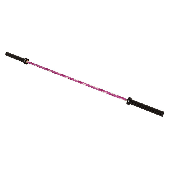 A Barbell - Pink Camo - 15kg by SMAI, featuring striking black sleeves and a vibrant pink and white camo design, is displayed on a white background—combining functionality and style for weightlifting or strength training in any gym setup.
