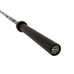 A close-up view of a grey camo coated barbell, specifically the SMAI Barbell - Grey Camo - 20kg, showing the end cap with the SMAI logo and part of the bar extending into the distance.