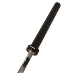 A close-up of the SMAI Barbell - Grey Camo - 20kg showcases its black coated sleeve and gray shaft with a distinctive camouflage pattern, arranged diagonally on a white background. This barbell delivers both durability and standout style, making it ideal for versatile training sessions.