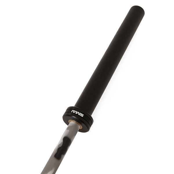 A close-up of the SMAI Barbell - Grey Camo - 20kg showcases its black coated sleeve and gray shaft with a distinctive camouflage pattern, arranged diagonally on a white background. This barbell delivers both durability and standout style, making it ideal for versatile training sessions.