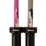 Two training swords with black handles and “SMAI” branding: one features a pink and white camo blade inspired by the SMAI Barbell - Pink Camo - 15kg, while the other sports a sleek black, gray, and white camo design.