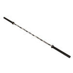 The SMAI Barbell - Grey Camo - 20kg features a textured grip with a silver middle section and solid black sleeves on both ends, designed for weightlifting. This coated barbell is shown photographed on a white background.