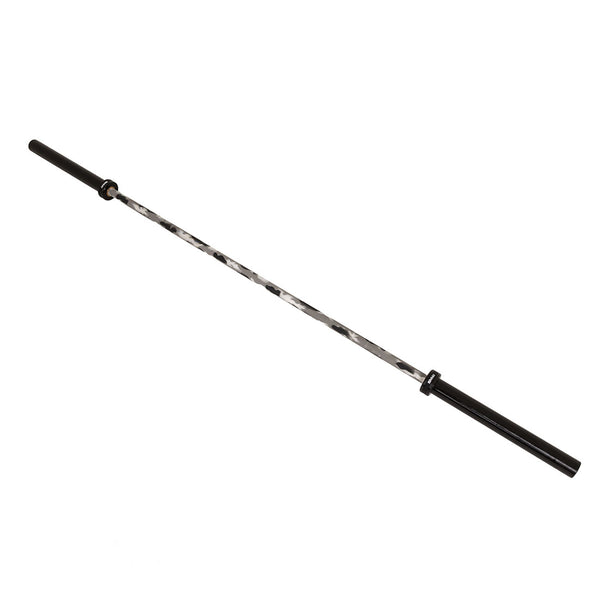 The SMAI Barbell - Grey Camo - 20kg features a textured grip with a silver middle section and solid black sleeves on both ends, designed for weightlifting. This coated barbell is shown photographed on a white background.