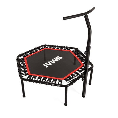 The SMAI Rebounder Mini Trampoline 50″ features a hexagonal design with six legs, a black and red jumping surface, adjustable handlebar, and elastic cords. The word “SMAI” is printed on the mat, making this fitness rebounder a stylish and versatile addition to your workout routine.