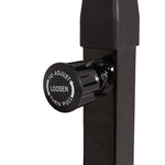 A close-up of a black adjustment knob on a metal pole, labeled “TO ADJUST LOOSEN THEN PULL” with directional arrows, used for adjusting the height or position of the SMAI Rebounder Mini Trampoline 50″.