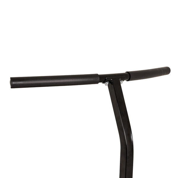 Close-up of a black scooter handlebar with foam grips, attached to a black metal stem, isolated on a white background—featuring sleek design and sturdy construction reminiscent of the accessories found on the SMAI Rebounder Mini Trampoline 50″.