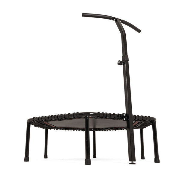 The SMAI Rebounder Mini Trampoline 50″ features a small, round design with a black frame, elastic bands, six sturdy legs, and an attached curved handlebar for added support. Set against a white background, it’s ideal as a fitness rebounder or bungee cord trampoline for low-impact exercise routines.
