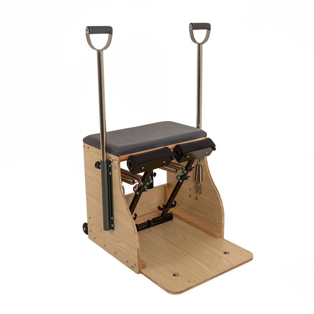 The SMAI Pilates Chair features a padded black seat, metal handles, and a foot pedal, designed for core conditioning and strength training in your fitness routine.