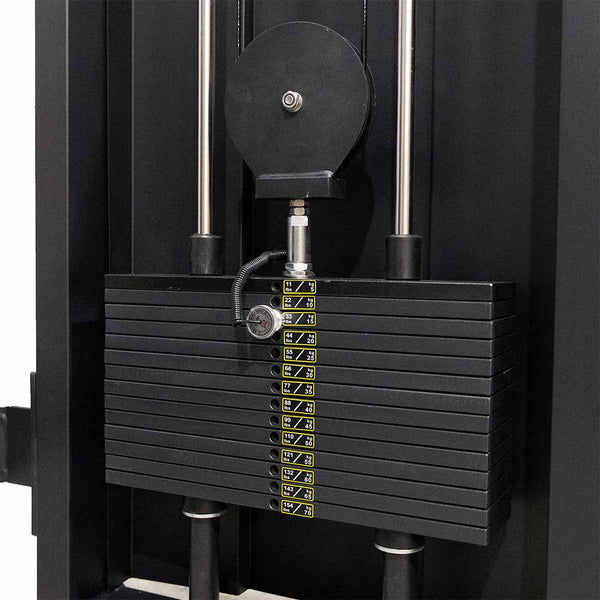 Close-up of the SMAI Functional Trainer - FTS Slide, a commercial-grade gym machine featuring multiple rectangular weight plates with an adjustable pin to select your desired weight; ideal for use in dual weight stack or functional training setups.