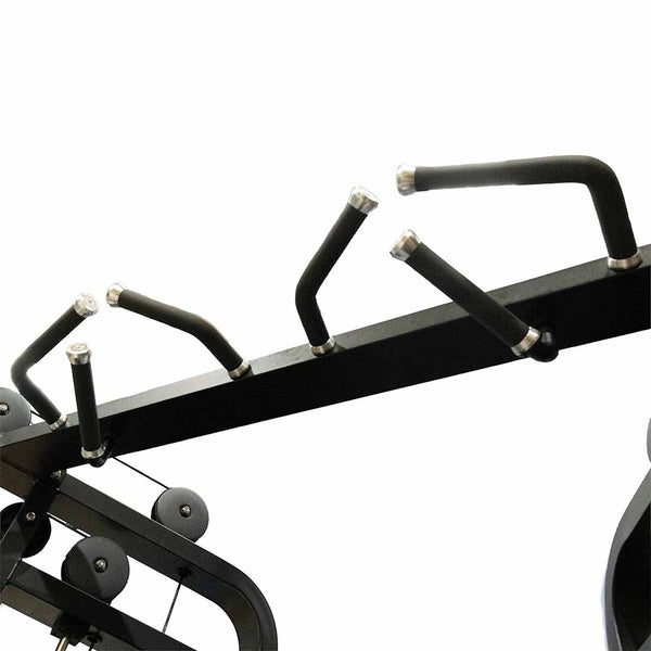 Close-up of the SMAI Functional Trainer - FTS Slide, showcasing its commercial-grade multi-grip pull-up bar with multiple angled handles, attached to a functional trainer gym machine with dual weight stacks, set against a plain white background.