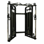 The SMAI Functional Trainer - FTS Slide is a black commercial-grade dual cable crossover machine equipped with adjustable pulleys and handles for strength training exercises. This functional trainer features dual weight stacks and a pull-up bar across the top.