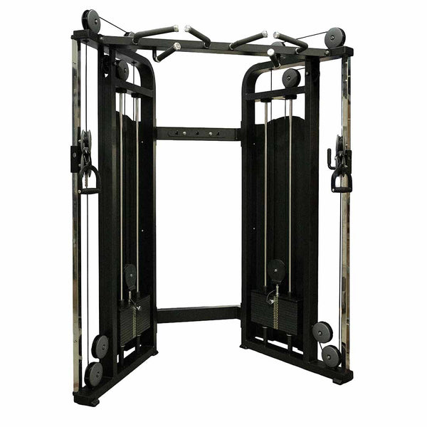 The SMAI Functional Trainer - FTS Slide is a black commercial-grade dual cable crossover machine equipped with adjustable pulleys and handles for strength training exercises. This functional trainer features dual weight stacks and a pull-up bar across the top.