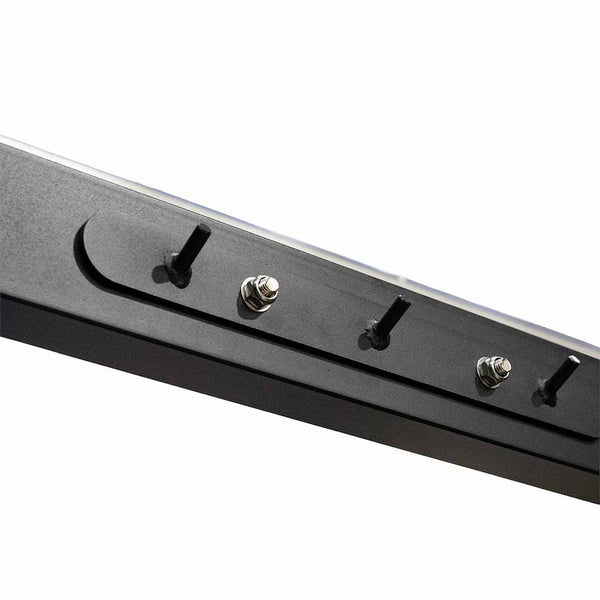 Close-up of a commercial-grade black metal bar from the SMAI Functional Trainer - FTS Slide, featuring four vertically mounted bolts and nuts against a white background.