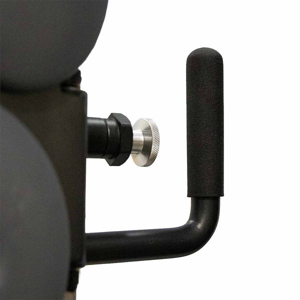 Close-up of a black metal handle with a foam grip and a silver adjustment knob attached to the SMAI Functional Trainer - FTS Slide, a piece of commercial-grade gym equipment.