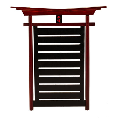 The SMAI Belt Display - Bushido Design features a slatted black panel for displaying belts, a red torii-style top, and a central Japanese symbol, creating a striking martial arts belt display.