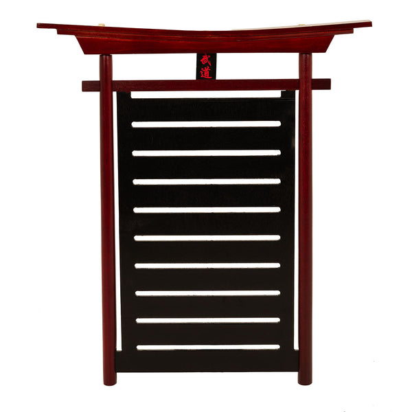 The SMAI Belt Display - Bushido Design features a slatted black panel for displaying belts, a red torii-style top, and a central Japanese symbol, creating a striking martial arts belt display.