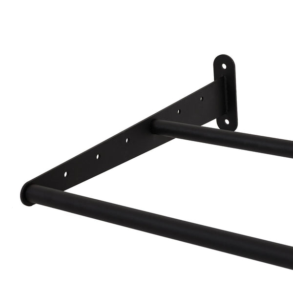 The SMAI Exercise Ball Storage Rack - Wall Mounted 150cm is a black metal wall bracket featuring two parallel rods and multiple screw holes, designed for mounting or supporting shelves, bars, or gym storage solutions such as a wall ball rack. Perfect for organizing exercise ball storage, the bracket is shown against a white background.