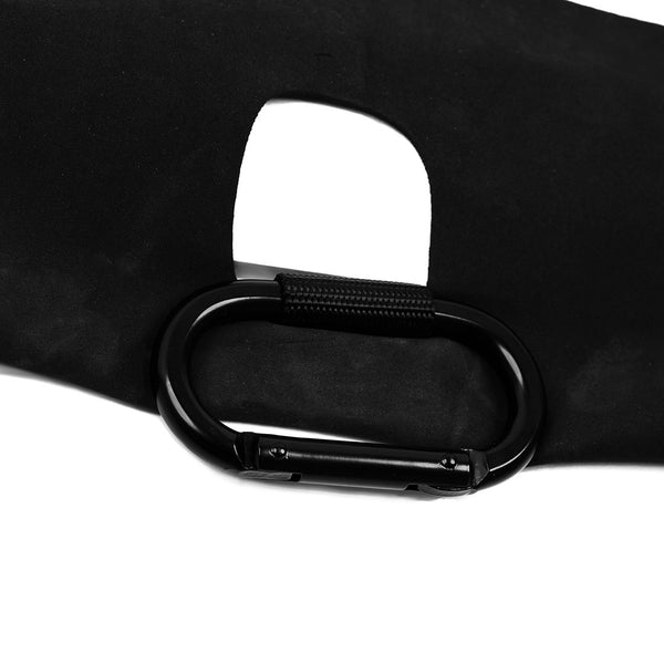 A black carabiner is attached to a black fabric loop, with part of the fabric shown in close-up against a white background—an essential feature of the SMAI Suspension Trainer - SES for adjustable fitness equipment and balance training.