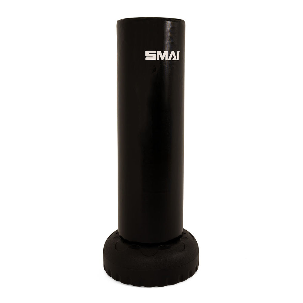 A tall, cylindrical black Junior Punch Master by SMAI stands upright on a round, sturdy base against a white background, featuring the SMAI logo near the top—perfect as a punching bag for kids or aspiring junior punch masters.