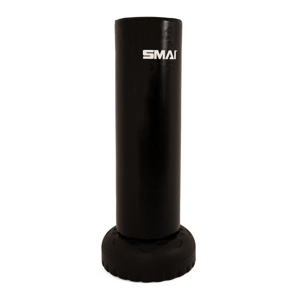 A tall, cylindrical black Junior Punch Master by SMAI stands upright on a round, sturdy base against a white background, featuring the SMAI logo near the top—perfect as a punching bag for kids or aspiring junior punch masters.
