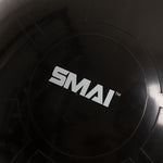 Close-up of the Commercial 65cm Gym Ball in black, featuring the "SMAI" brand name in white letters at the center. Subtle reflections and embossed lines can be seen on the surface of this commercial-grade gym ball.