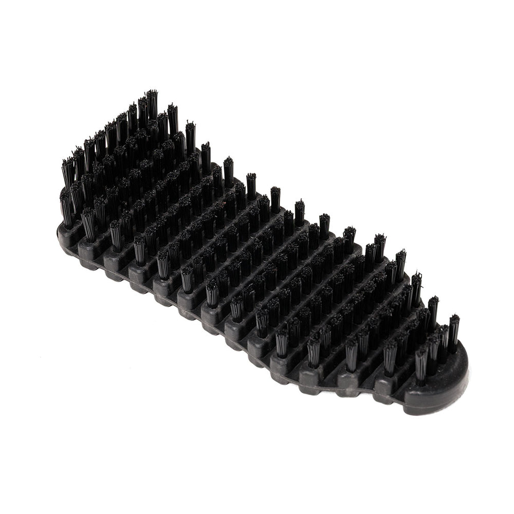The SMAI Barbell Cleaning Brush - Nylon features a durable black plastic handle and stiff nylon bristles arranged in rows. Its rectangular brush head with slightly rounded corners is specifically designed for effective cleaning and maintenance of barbells and gym equipment.