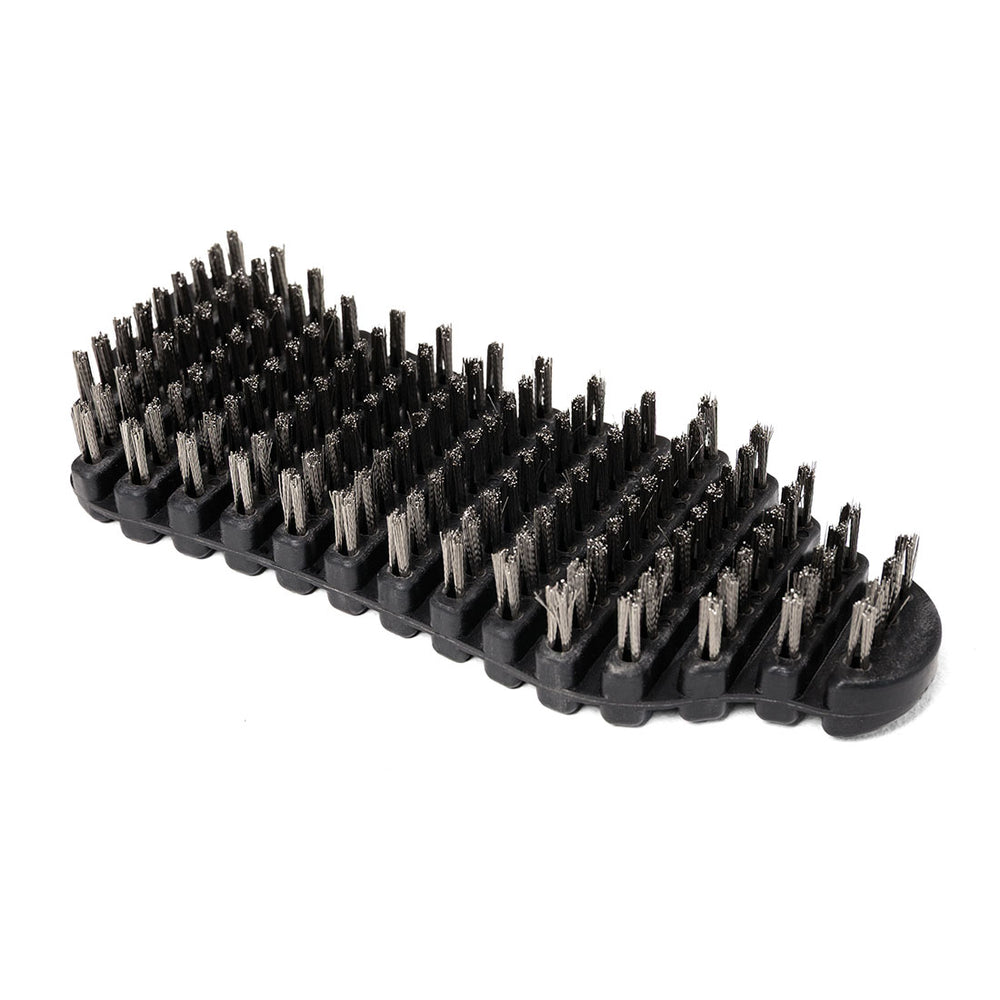 The SMAI Barbell Cleaning Brush - Steel features a black rectangular design with dense rows of short, stiff steel bristles, making it ideal for cleaning or scrubbing surfaces and perfect for barbell maintenance.
