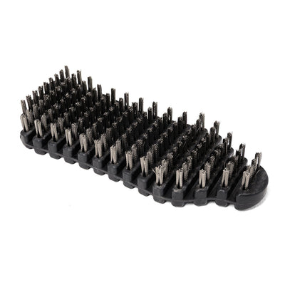 The SMAI Barbell Cleaning Brush - Steel features a black rectangular design with dense rows of short, stiff steel bristles, making it ideal for cleaning or scrubbing surfaces and perfect for barbell maintenance.