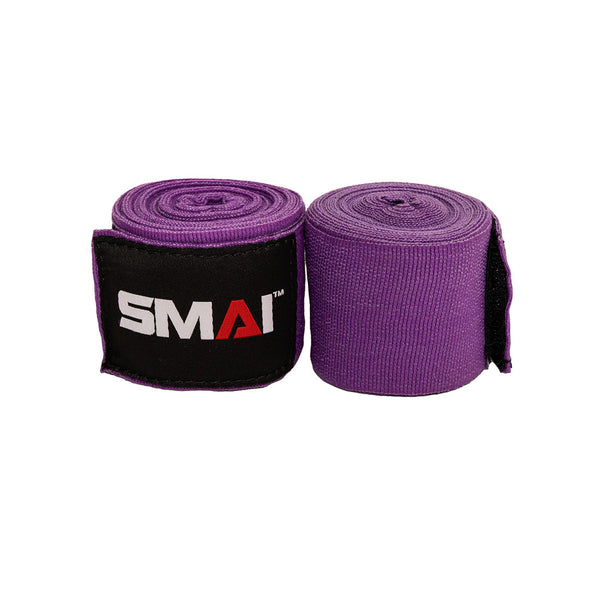 Two rolled purple SMAI Boxing Hand Wraps 450cm / 180 inch, featuring a black label with the white and red “SMAI” logo, designed for boxing or martial arts training and optimal hand protection, displayed on a white background.