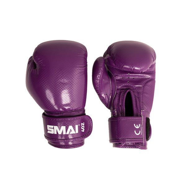 A pair of Essentials Kids Boxing Gloves in purple by SMAI, featuring “SMAI” and “CE” printed in white on the wrist straps, displayed from both the top and palm sides against a white background.