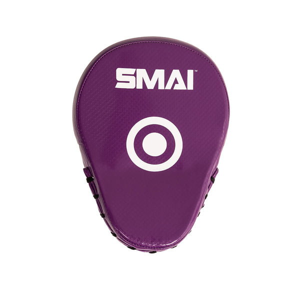 The SMAI Essentials Boxing Mitts - Purple feature a white target circle and logo on the front, making them ideal for martial arts training and perfect for enhancing accuracy and precision in your workouts.