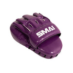 A pair of purple SMAI Essentials Boxing Mitts featuring an open palm design with finger slots and the white “SMAI” logo on the strap across the knuckles, perfect for training with boxing mitts or punching pads.