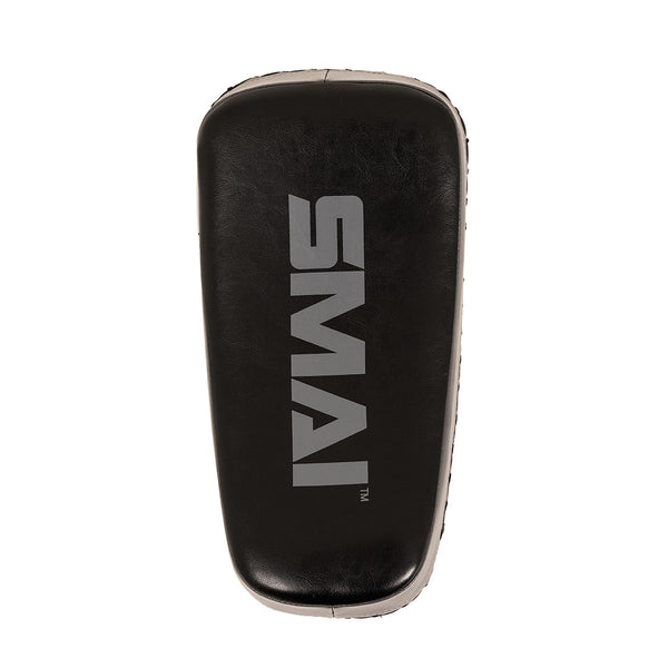 A pair of SMAI Essentials Muay Thai Pads (Economy Grey) featuring a black rectangular design made from durable synthetic leather, with the brand name “SMAI” printed in grey across the front, displayed on a plain white background.