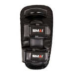 Essentials Muay Thai Pads (Pair) Economy Grey by SMAI—crafted from durable synthetic leather in a sleek black and grey design, these kick pads feature two padded handles and secure arm straps. The “SMAI” logo in white and orange is displayed on both straps. Ideal for kickboxing training, they’re perfect for striking practice and Muay Thai pad drills.