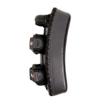The SMAI Essentials Muay Thai Pads (Pair) Economy Grey are black and gray kick pads made from durable synthetic leather, featuring two adjustable straps labeled “RIGHT” and reinforced stitching along the edges, shown from a side angle on a white background—ideal for Muay Thai and kickboxing training.