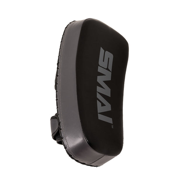 A pair of black and gray Essentials Muay Thai Pads (Economy Grey) by SMAI, crafted from durable synthetic leather with “SMAI” boldly printed on the front, shown angled to display detailed side stitching and a sturdy rear handle—perfect for kickboxing training or use as Muay Thai pads.