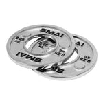 Two silver-colored SMAI Calibrated Steel Change Plates, each weighing 0.25 kg, are overlapping each other on a white background.