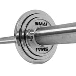 Close-up of a metal barbell with two round, silver SMAI Calibrated Steel Change Plates labeled “0.25 KG” on a white background.